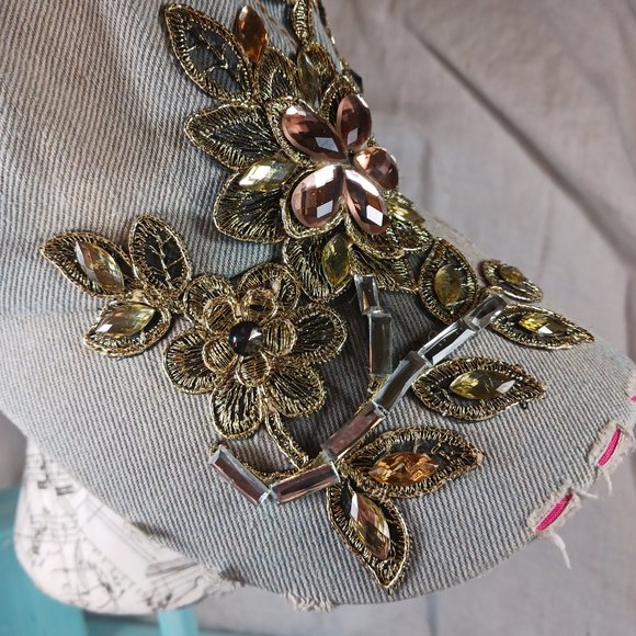 Natalie Mills Flora Rhinestone Baseball Cap Women's Hat Gray Distressed Denim - Picture 9 of 12